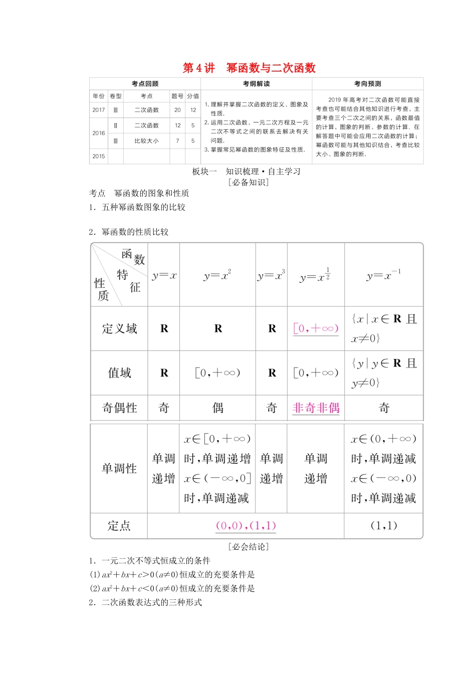 （全国版）高考数学一轮复习 第2章 函数、导数及其应用 第4讲 幂函数与二次函数学案-人教版高三全册数学学案_第1页