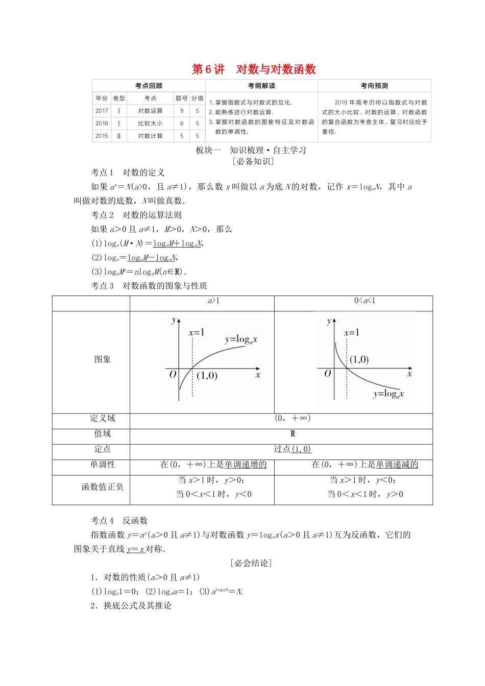 （全国版）高考数学一轮复习 第2章 函数、导数及其应用 第6讲 对数与对数函数学案-人教版高三全册数学学案_第1页