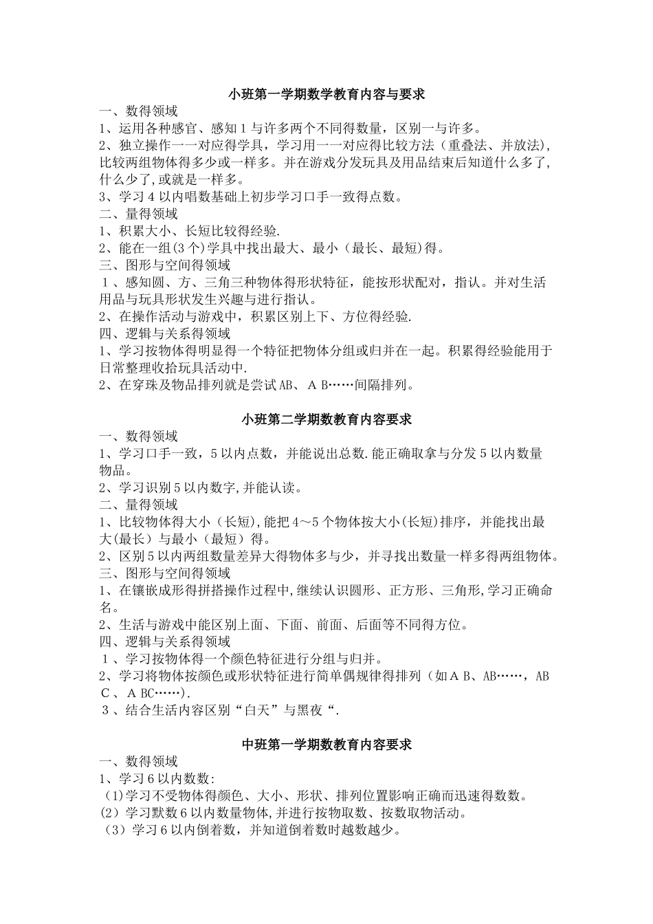 幼儿园各年龄段幼儿数学教育内容和要求_第1页