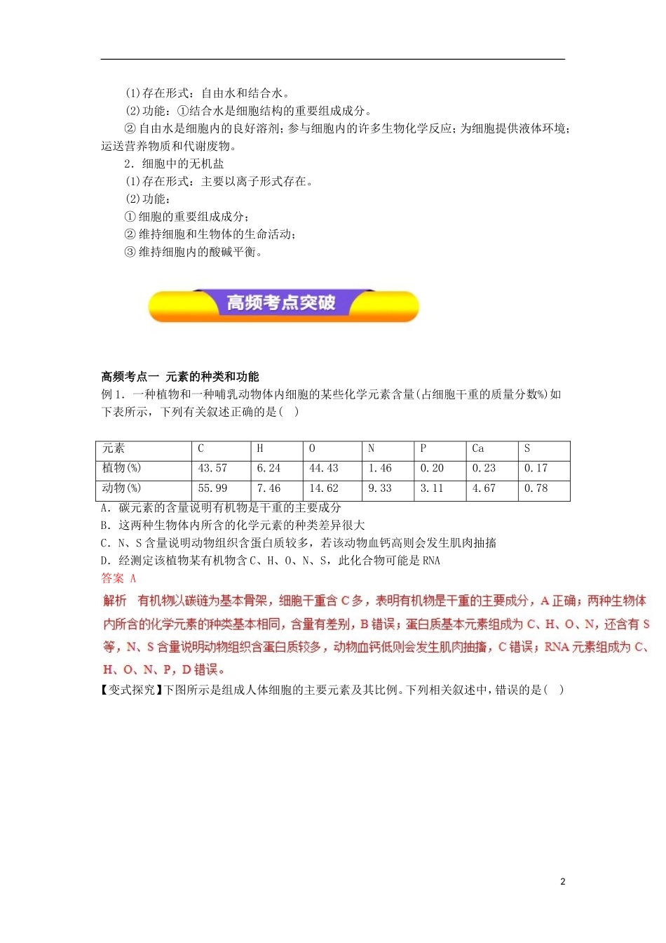 高考生物一轮复习 专题1.2 细胞中的元素和化合物 细胞中的无机物教学案-人教版高三全册生物教学案_第2页
