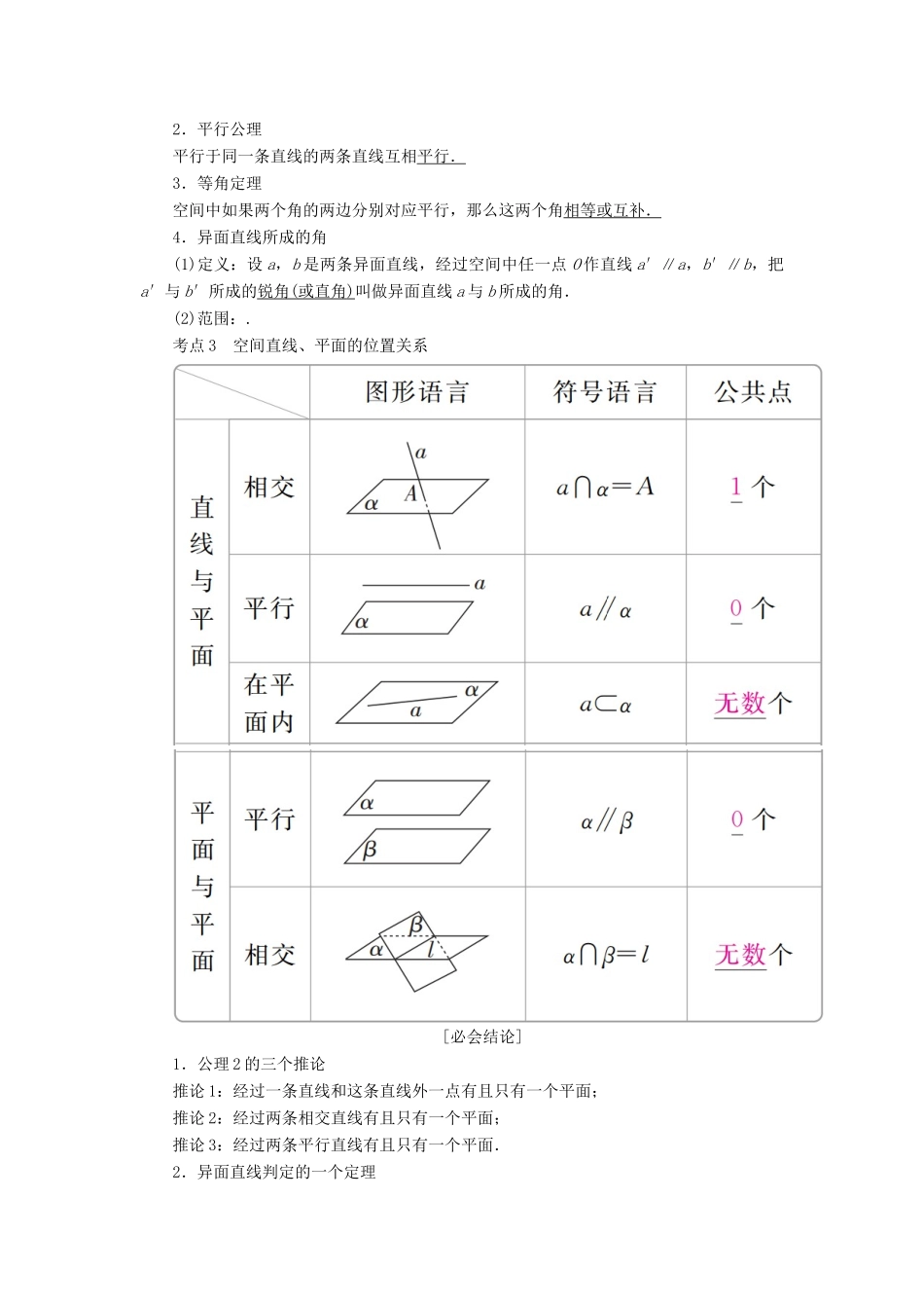 （全国版）高考数学一轮复习 第7章 立体几何 第3讲 空间点、直线、平面之间的位置关系学案-人教版高三全册数学学案_第2页