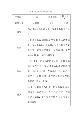 幼儿行为习惯养成记录观察表