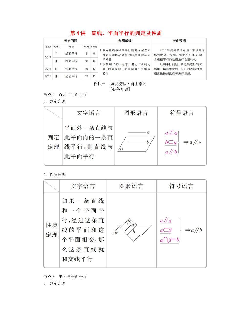 （全国版）高考数学一轮复习 第7章 立体几何 第4讲 直线、平面平行的判定及性质学案-人教版高三全册数学学案_第1页