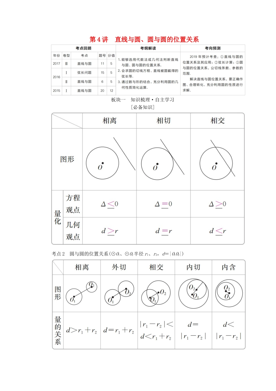 （全国版）高考数学一轮复习 第8章 平面解析几何 第4讲 直线与圆、圆与圆的位置关系学案-人教版高三全册数学学案_第1页