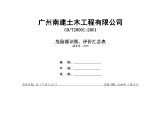 广州南建土木工程有限公司危险源识别评价汇总表