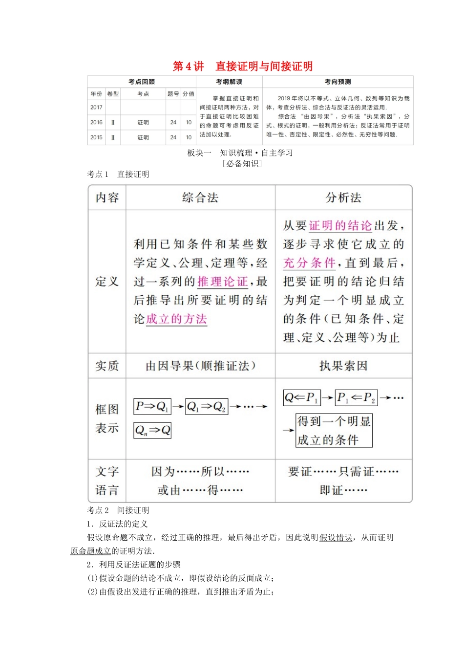 （全国版）高考数学一轮复习 第11章 算法初步、复数、推理与证明 第4讲 直接证明与间接证明学案-人教版高三全册数学学案_第1页