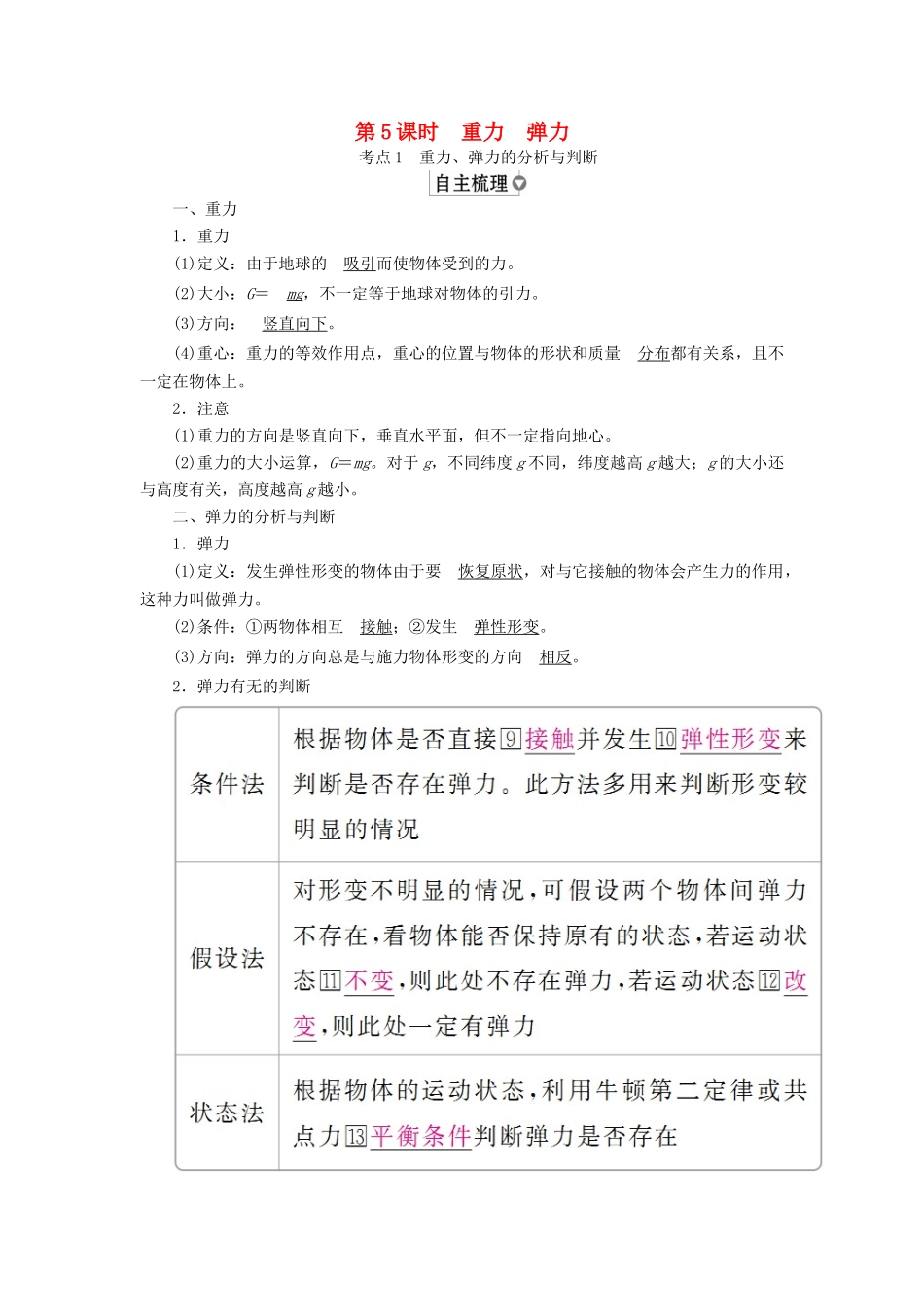 （全国版）高考物理一轮复习 第2章 相互作用 第5课时 重力 弹力学案-人教版高三全册物理学案_第1页