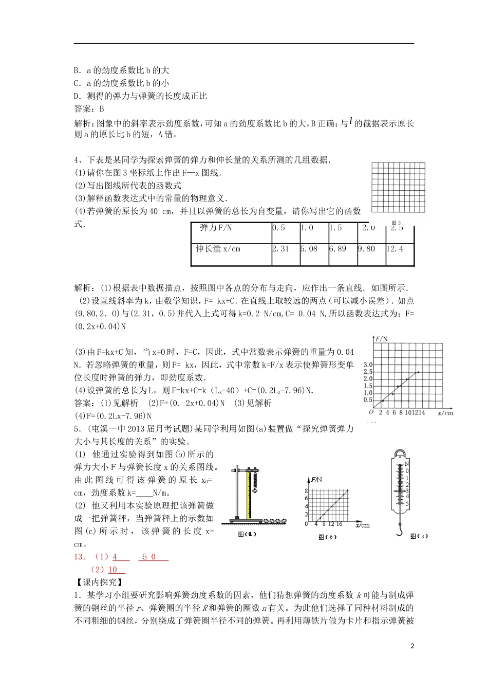 高考物理 第2章 静力学 实验 探究弹簧伸长与弹力关系（第10课时）复习导学案-人教版高三全册物理学案_第2页
