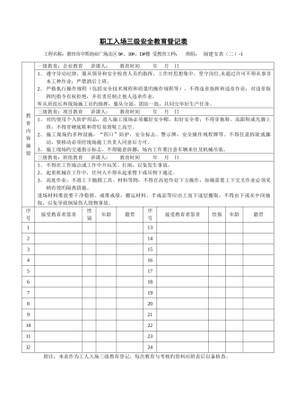 建筑工人安全教育职工入场三级安全教育登记表