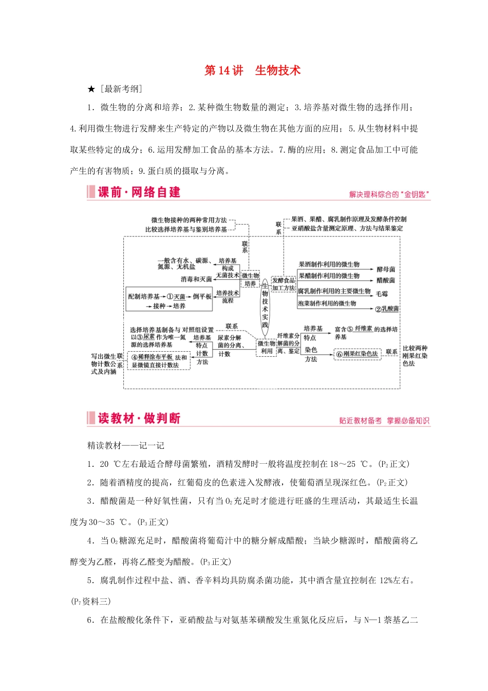 高考生物艺考生大二轮总复习 上篇 专题九 生物技术与工程 第14讲 生物技术 高频命题点1 微生物的分离与培养教学案-人教版高三全册生物教学案_第1页
