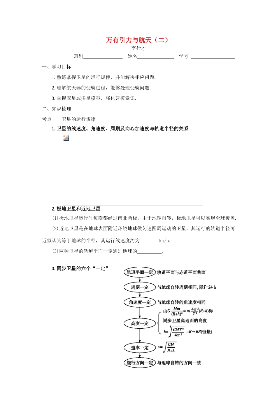 高考物理 第4章 万有引力与航天（二）导学案 新人教版必修1-新人教版高三必修1物理学案_第1页