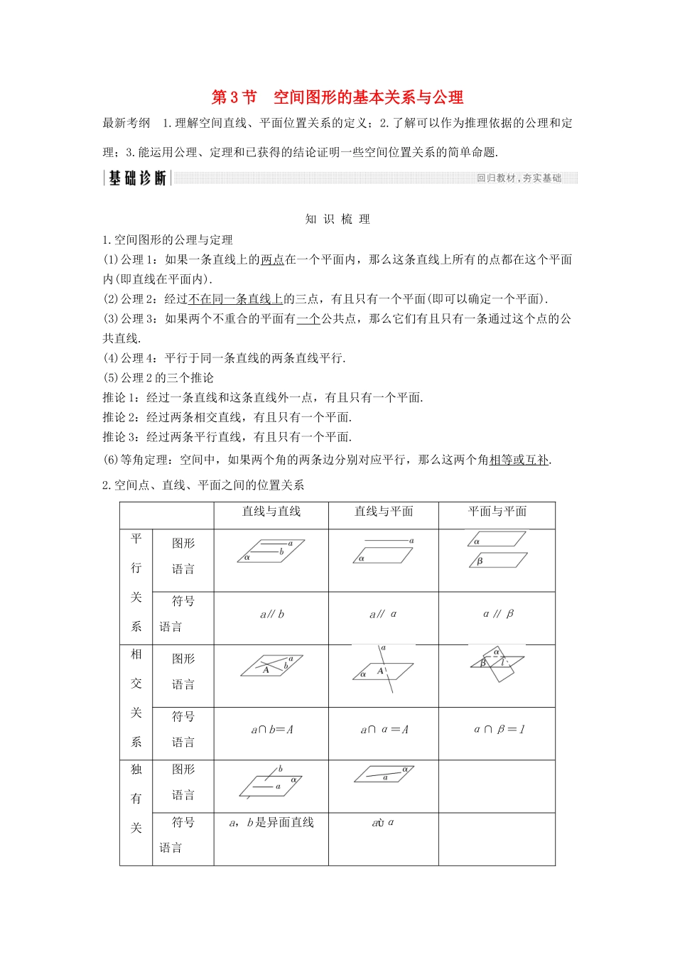 高考数学大一轮复习 第八章 立体几何初步 第3节 空间图形的基本关系与公理学案 北师大版-北师大版高三全册数学学案_第1页