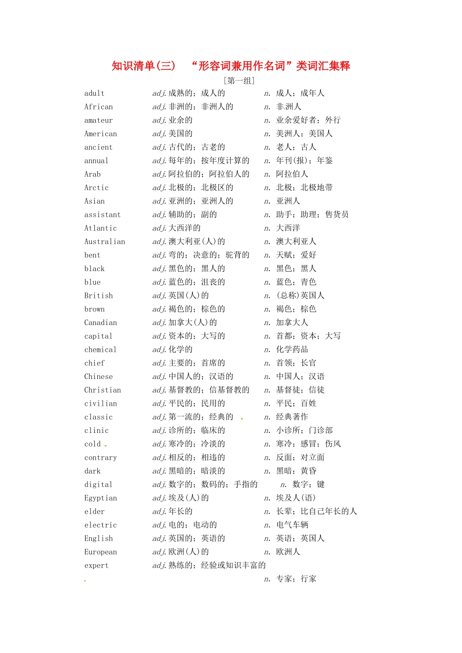 （全国卷）高三英语二轮复习 信心源于底气 考前一周知识清单（三）“形容词兼用作名词”类词汇集释-人教版高三全册英语素材_第1页