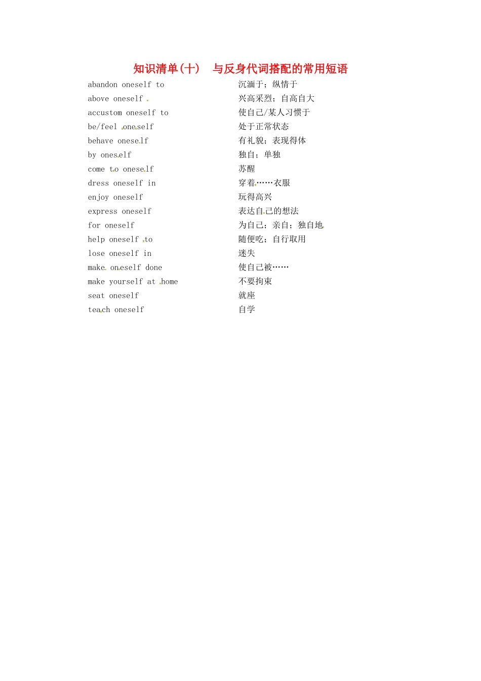 （全国卷）高三英语二轮复习 信心源于底气 考前一周知识清单（十）与反身代词搭配的常用短语-人教版高三全册英语素材_第1页