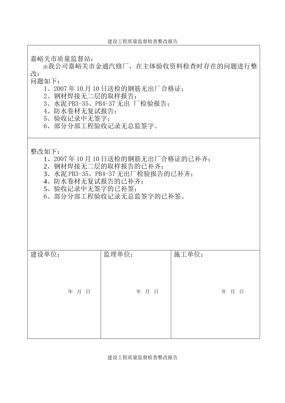 建设工程质量监督检查整改报告本科论文_第1页