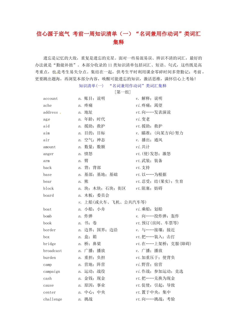 （全国卷）高三英语二轮复习 信心源于底气 考前一周知识清单（一）“名词兼用作动词”类词汇集释-人教版高三全册英语素材_第1页