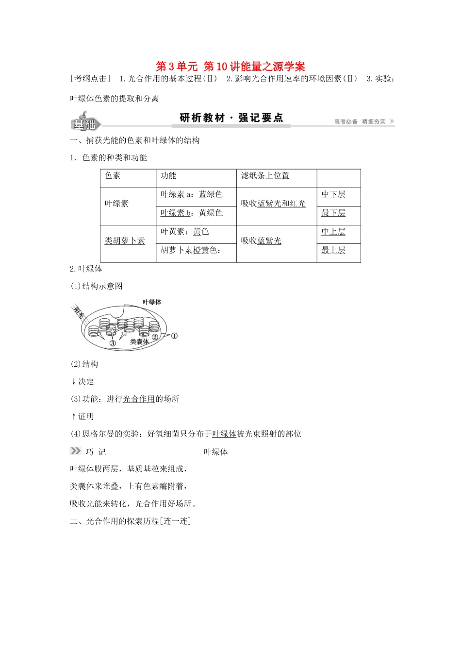 高考生物总复习 第3单元 第10讲能量之源学案-人教版高三全册生物学案_第1页