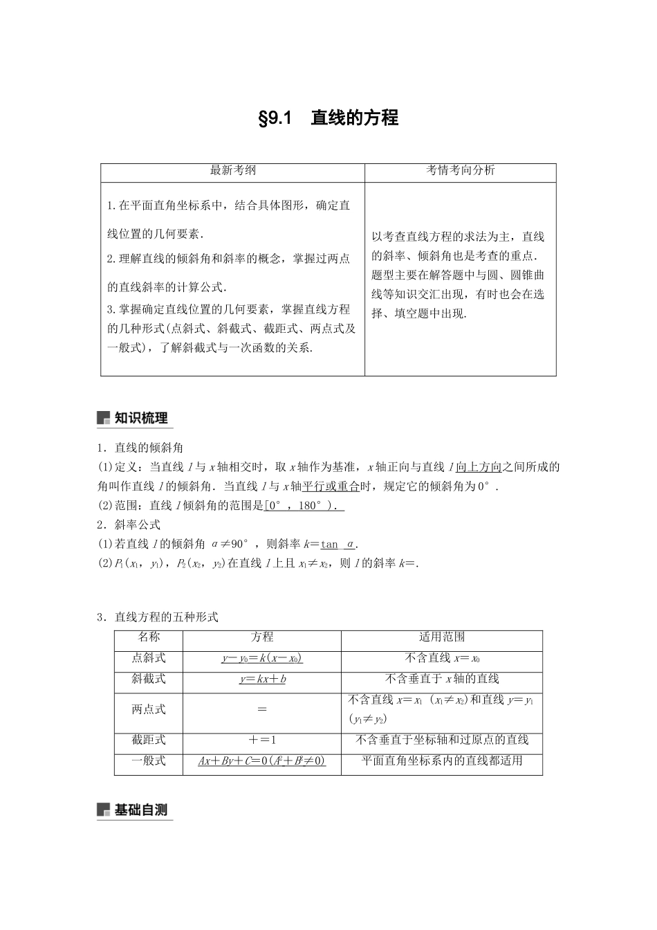 高考数学大一轮复习 第九章 平面解析几何 9.1 直线的方程学案 文 北师大版-北师大版高三全册数学学案_第1页