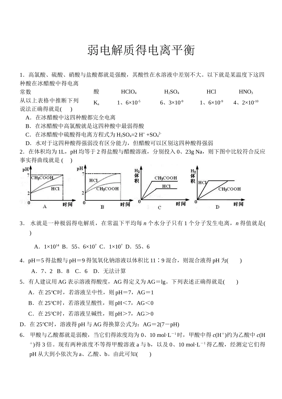 弱电解质的电离平衡习题及答案-选修四人教版_第1页