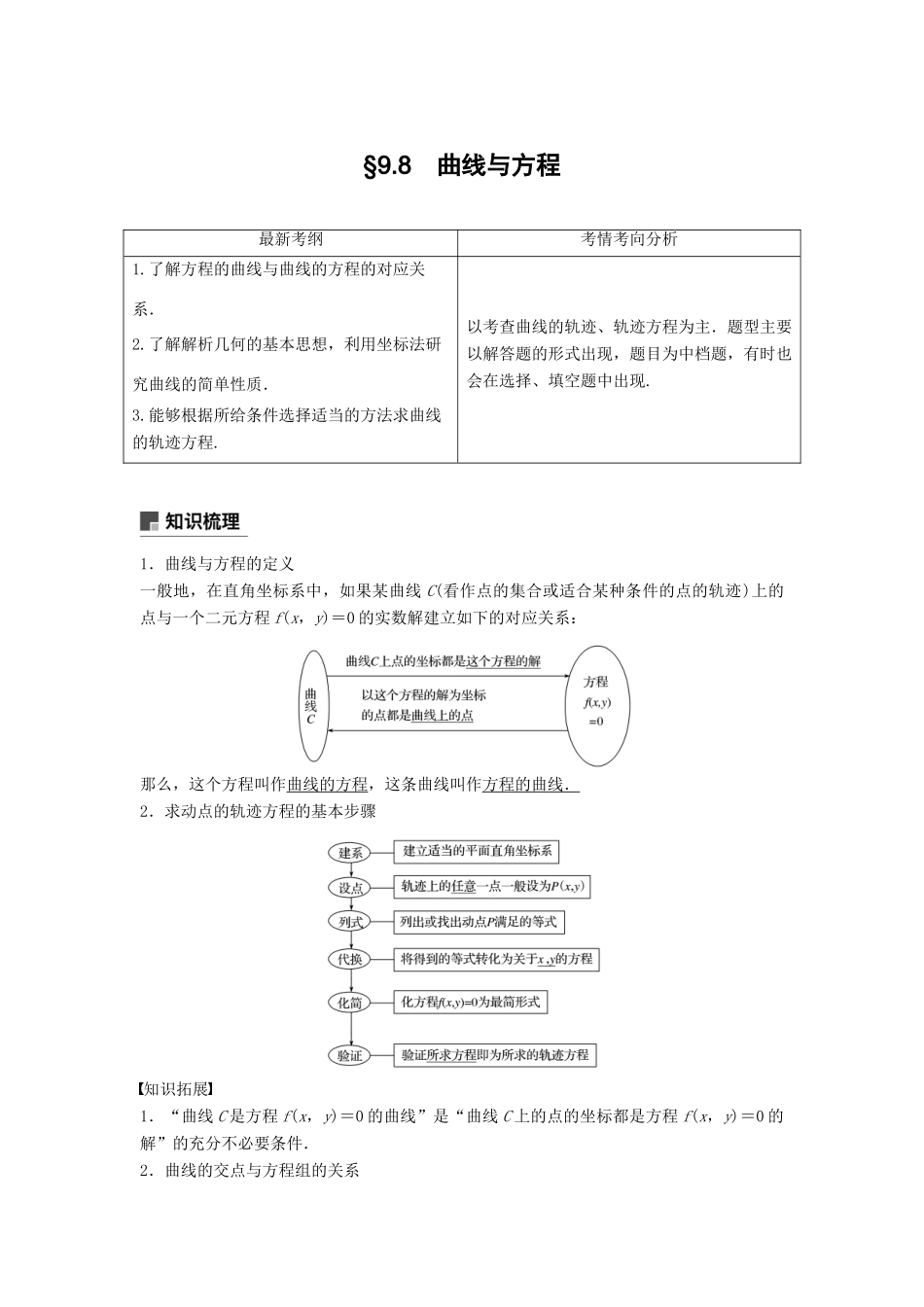 高考数学大一轮复习 第九章 平面解析几何 9.8 曲线与方程学案 理 北师大版-北师大版高三全册数学学案_第1页