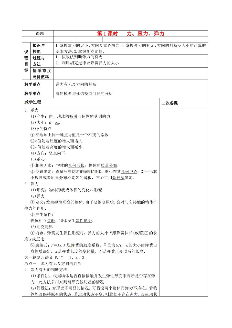 高考物理 力、重力、弹力 第1课时复习学案-人教版高三全册物理学案_第1页