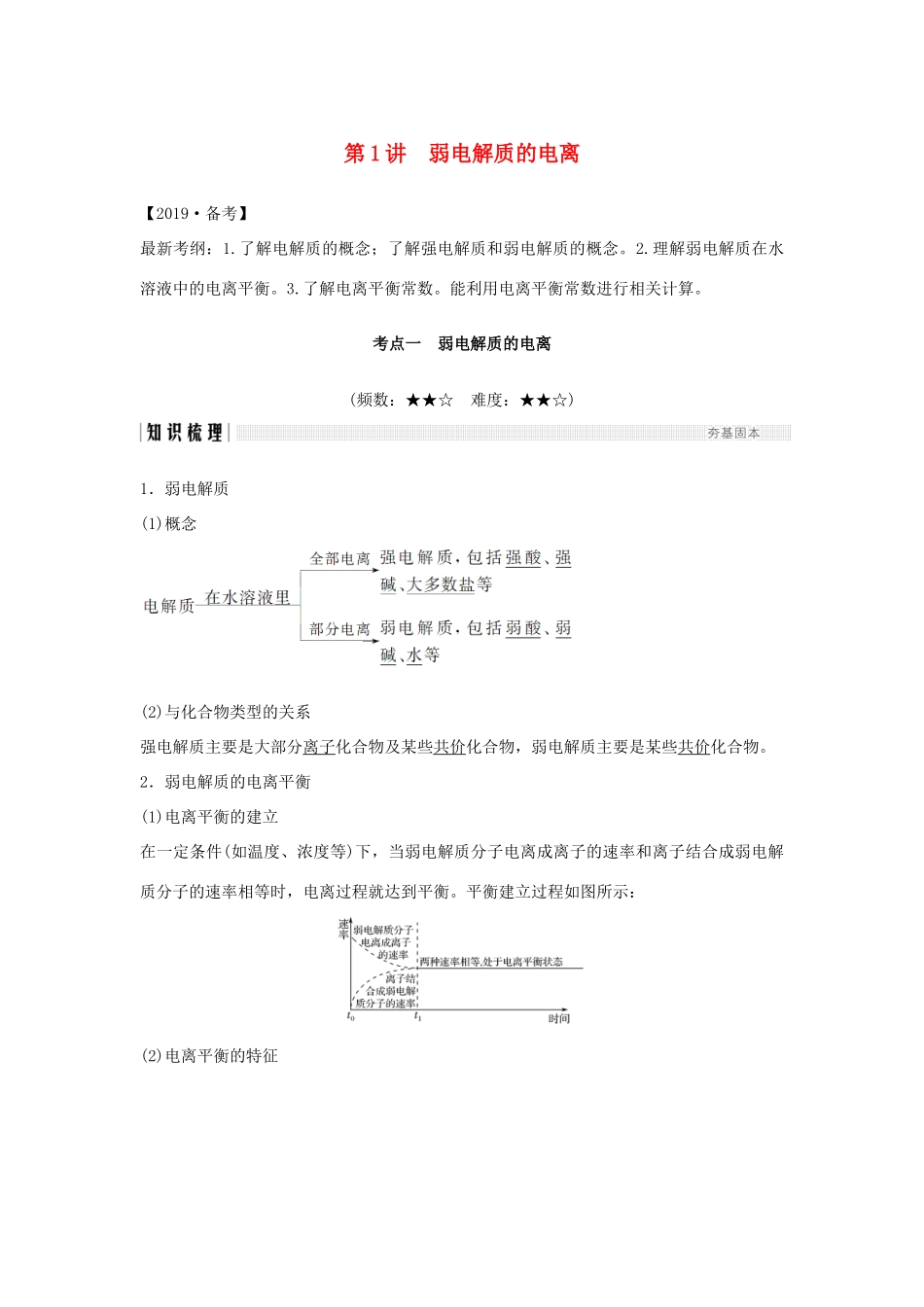 （全国通用版）高考化学大一轮复习 第八章 水溶液中的离子平衡 第1讲 弱电解质的电离学案-人教版高三全册化学学案_第1页