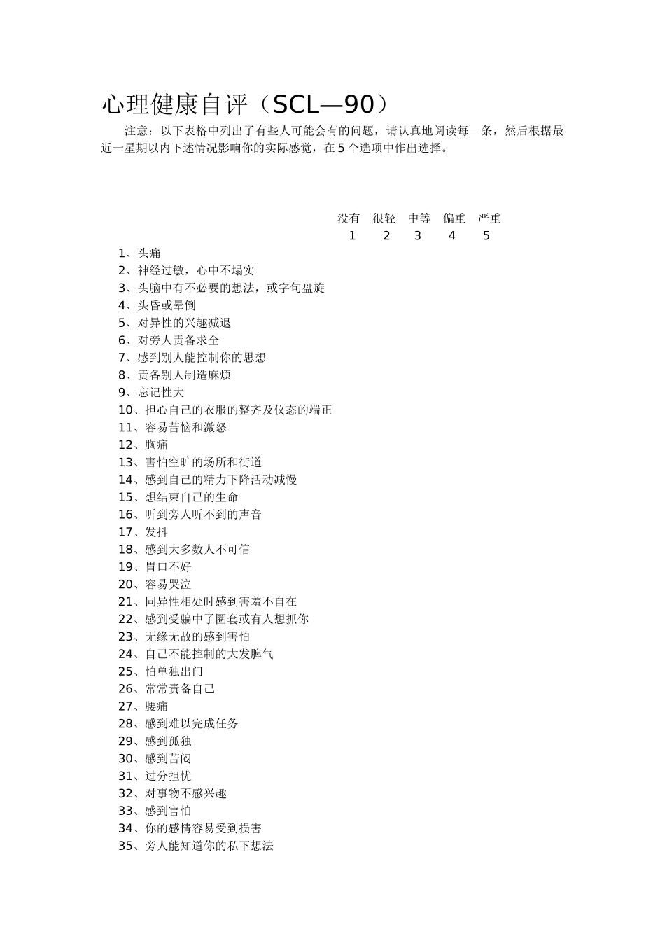 心理健康临床症状自评SCL-90_第1页