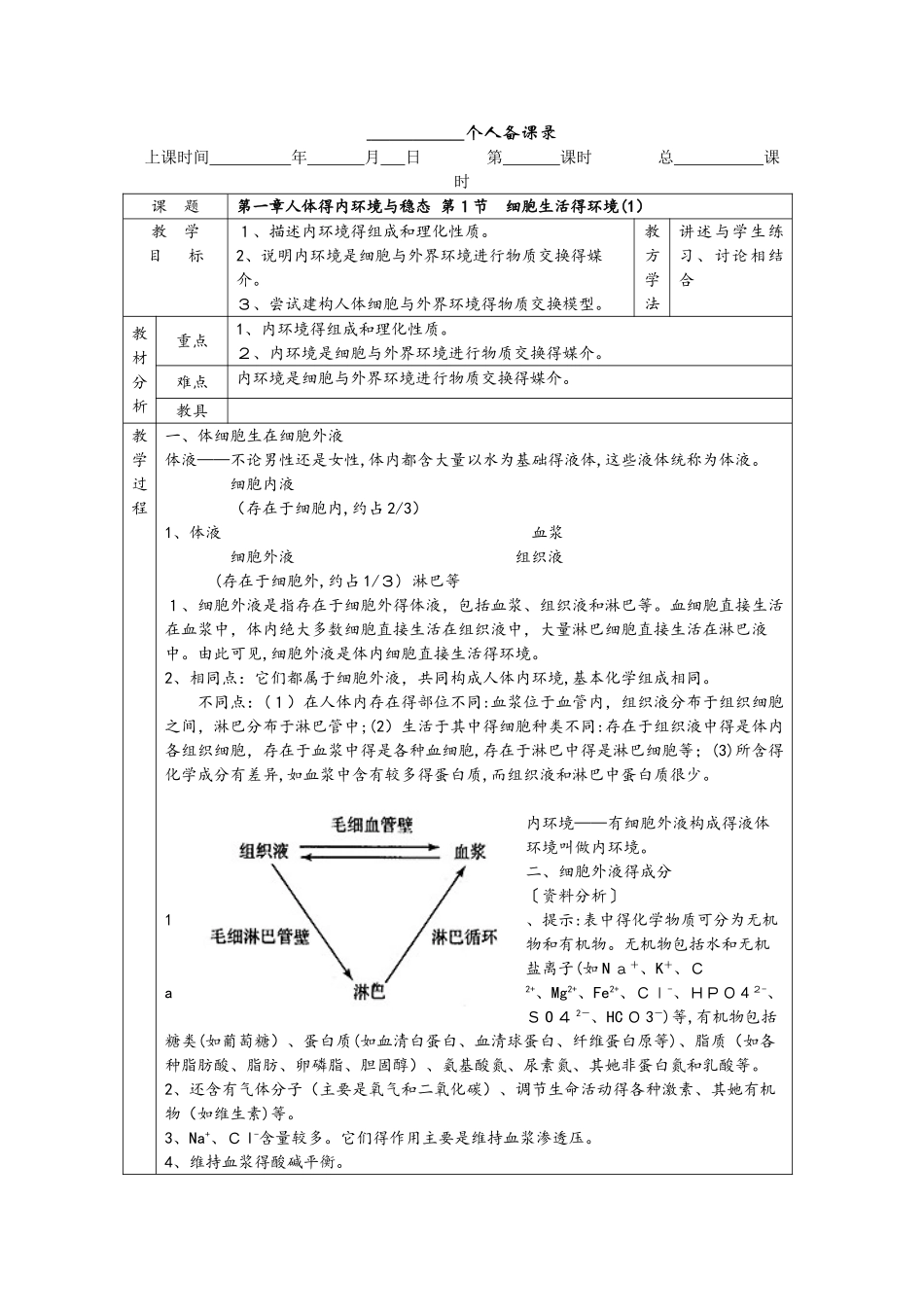 必修三第一章 人体的内环境与稳态教案_第1页