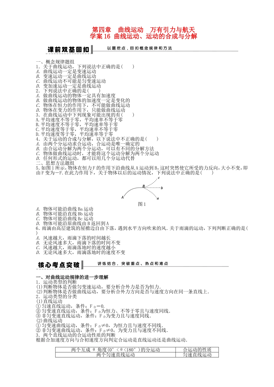 高考物理 曲线运动、运动的合成与分解复习学案-人教版高三全册物理学案_第1页