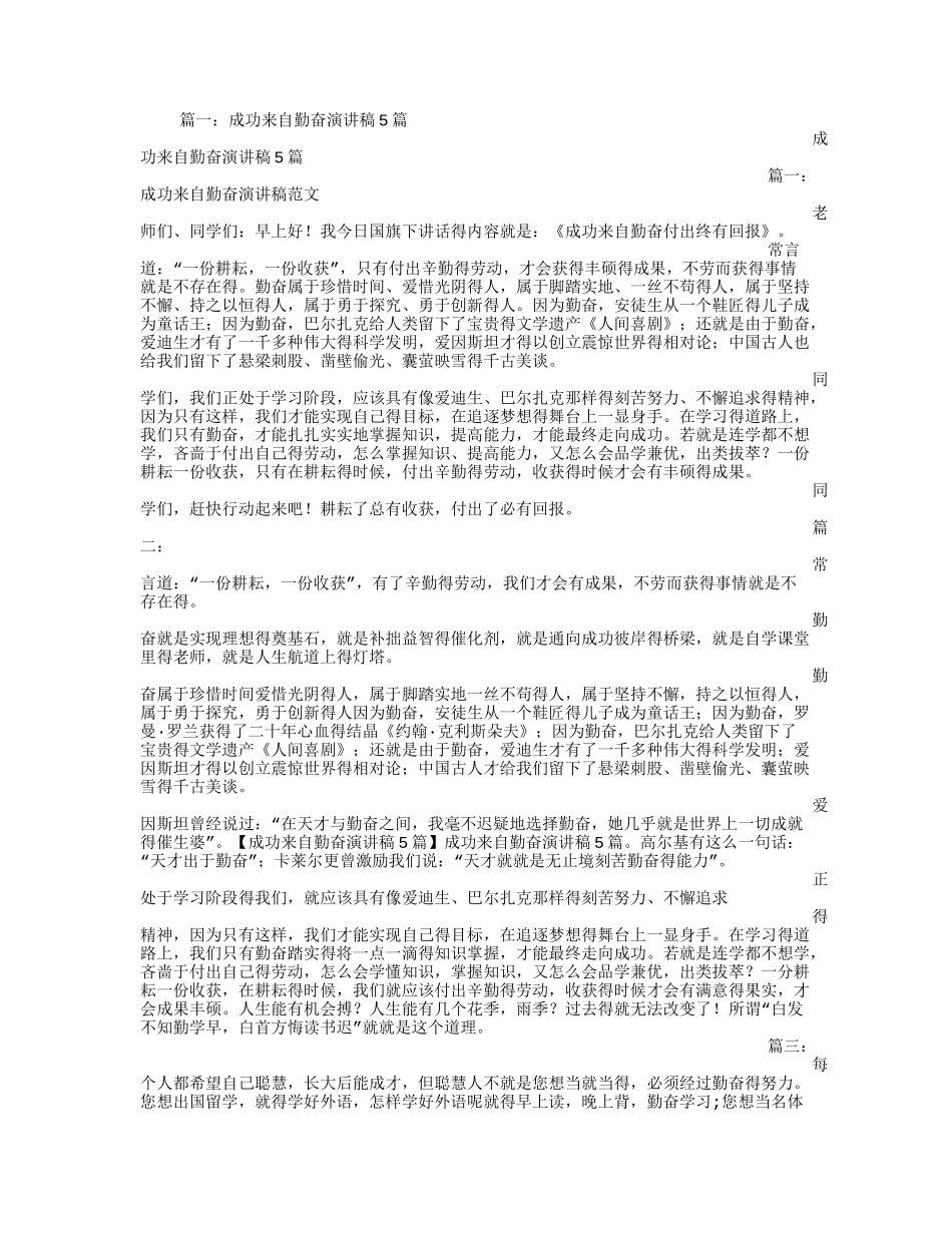 成功来自勤奋演讲稿_第1页