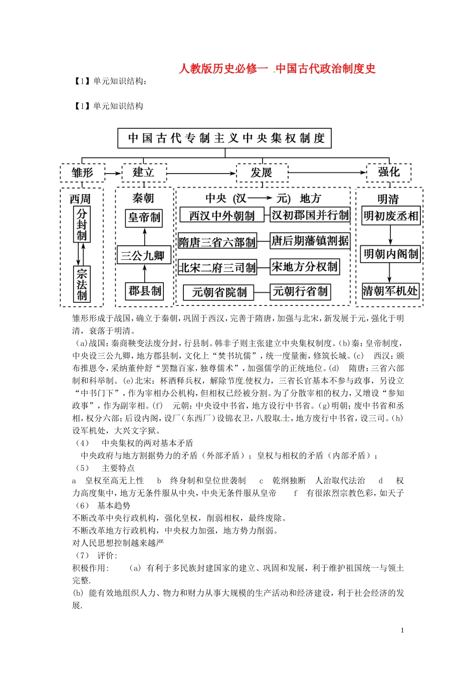（2014年最新）甘肃省积石中学高中历史《中国古代政治制度史》复习资料 新人教版选修1_第1页