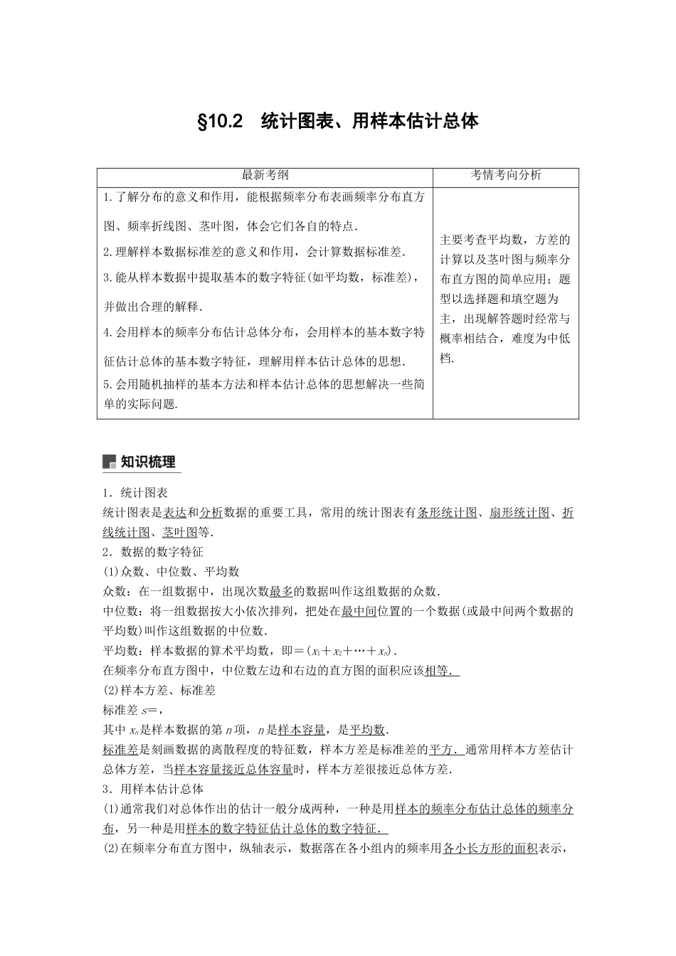 高考数学大一轮复习 第十章 统计与统计案例 10.2 统计图表、数据的数字特征、用样本估计总体学案 文 北师大版-北师大版高三全册数学学案_第1页