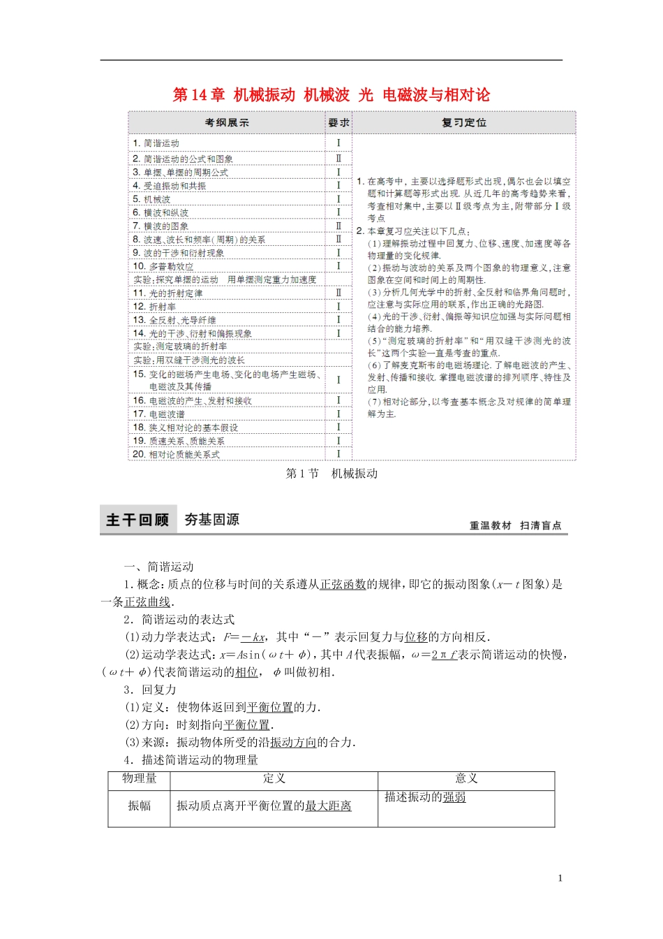 高考物理大一轮复习 第14章 机械振动 机械波 光 电磁波与相对论教学案-人教版高三全册物理教学案_第1页