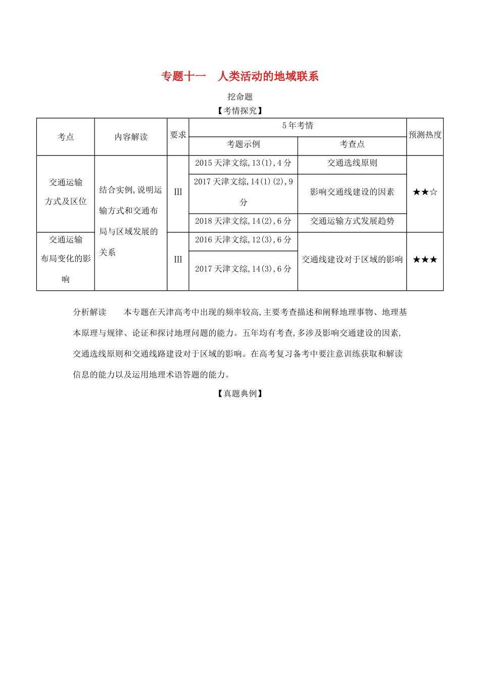 （A版）天津市高考地理总复习 专题十一 人类活动的地域联系学案（含解析）-人教版高三全册地理学案_第1页