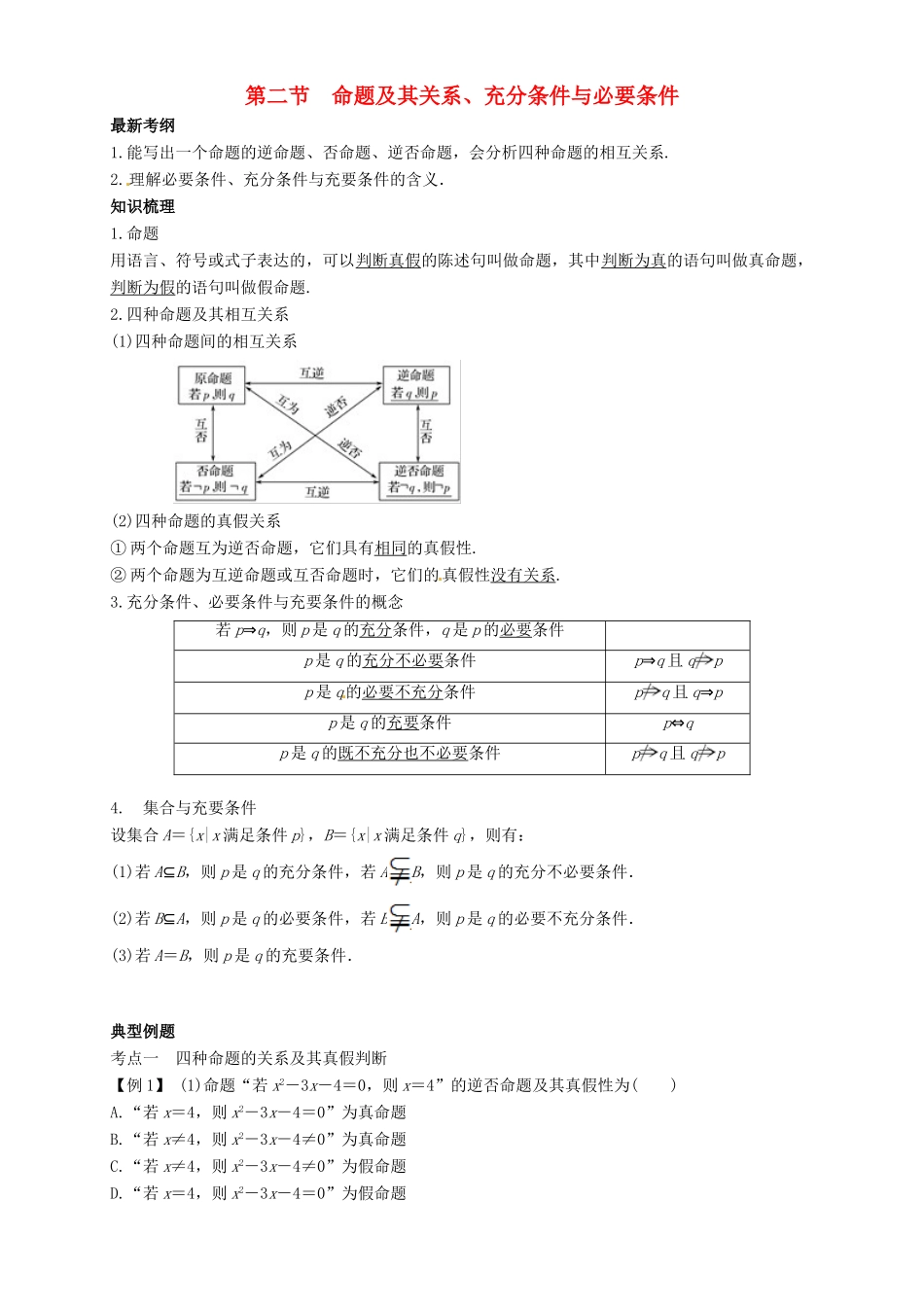 高考数学总复习 专题1.2 命题及其关系、充分条件与必要条件导学案 理-人教版高三全册数学学案_第1页