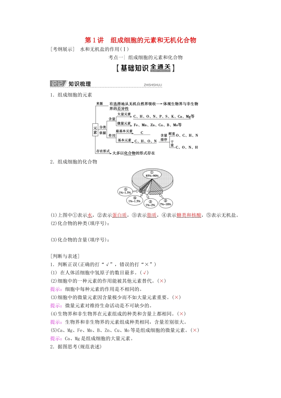 高考生物一轮复习 第1单元 第1讲 组成细胞的元素和无机化合物教学案 苏教版必修1-苏教版高三必修1生物教学案_第1页