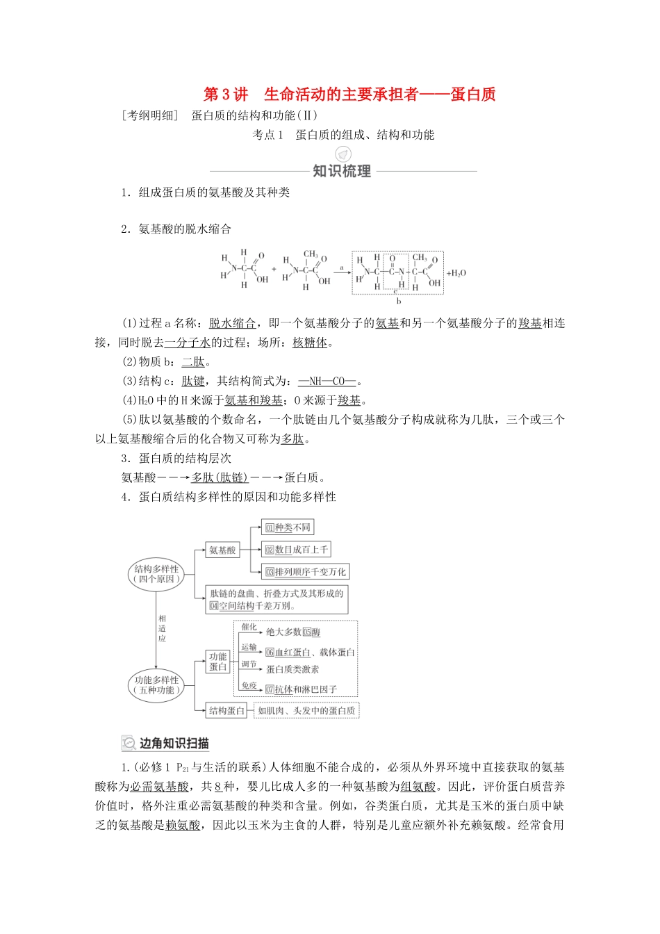 高考生物一轮复习 第1单元 走近细胞及细胞的分子组成 第3讲 生命活动的主要承担者——蛋白质教学案 新人教版必修1-新人教版高三必修1生物教学案_第1页
