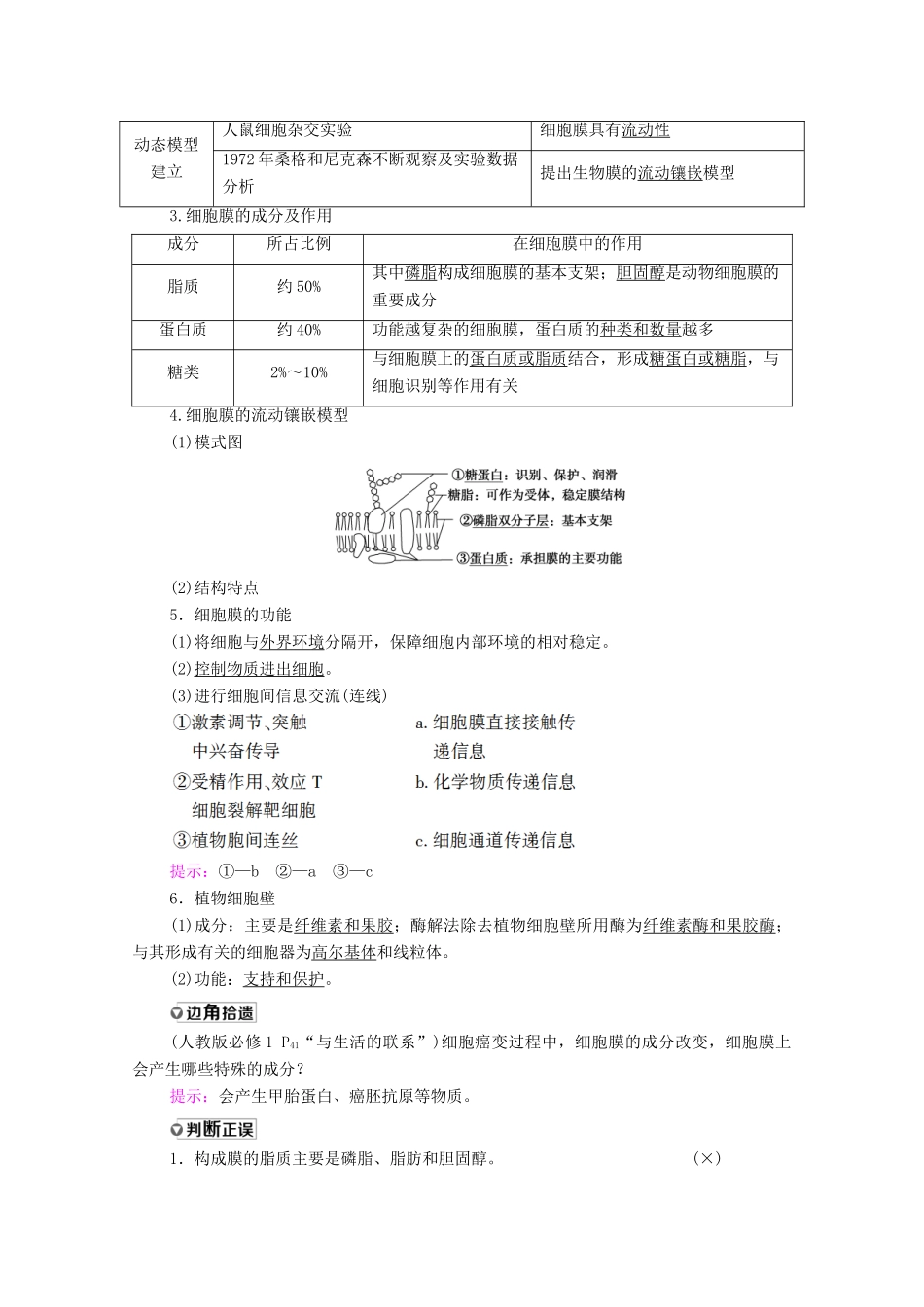 高考生物一轮复习 第2单元 细胞的基本结构与其物质的输入和输出 第1讲 细胞膜和细胞核教学案 新人教版必修1-新人教版高三必修1生物教学案_第2页