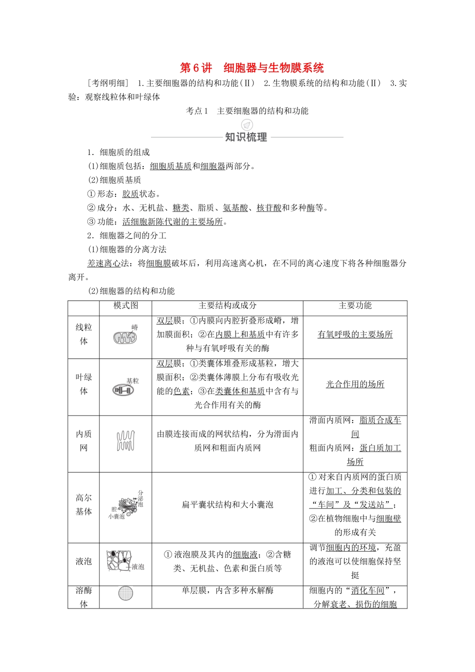 高考生物一轮复习 第2单元 细胞的结构和物质的输入和输出 第6讲 细胞器与生物膜系统教学案 新人教版必修1-新人教版高三必修1生物教学案_第1页