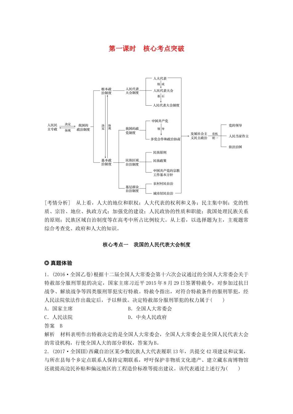 （京津琼）高考政治二轮复习 专题六 政治制度与民主建设 第一课时 核心考点突破学案-人教版高三全册政治学案_第1页