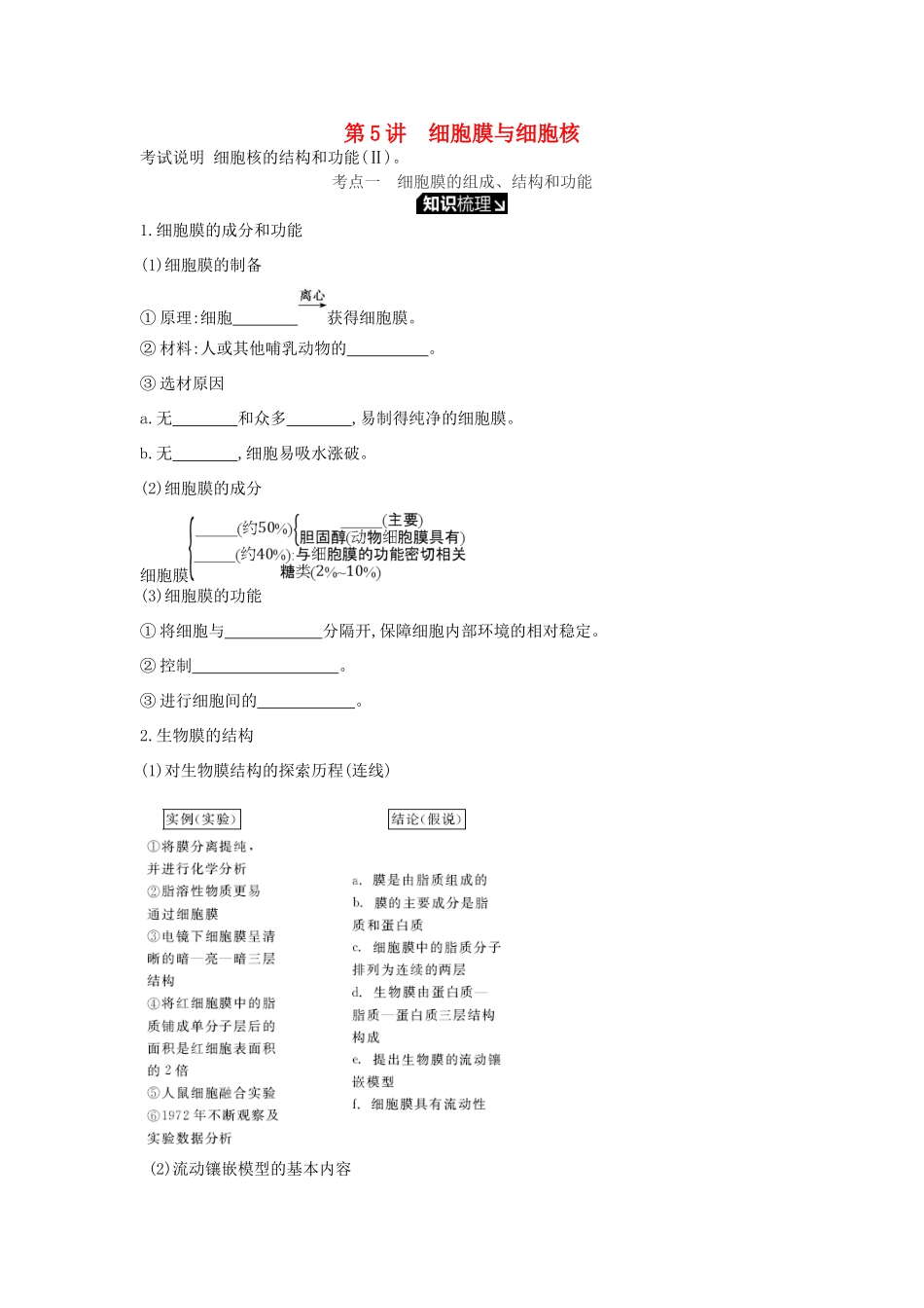 高考生物一轮复习 第2单元 细胞的结构与物质的运输 第5讲 细胞膜与细胞核学案 苏教版-苏教版高三全册生物学案_第1页