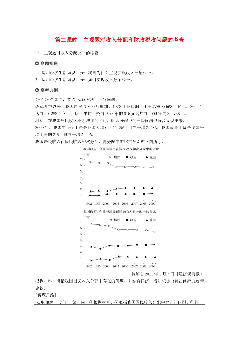 （京津琼）高考政治二轮复习 专题三 收入分配与社会公平 第二课时 主观题对收入分配和财政税收问题的考查学案-人教版高三全册政治学案_第1页