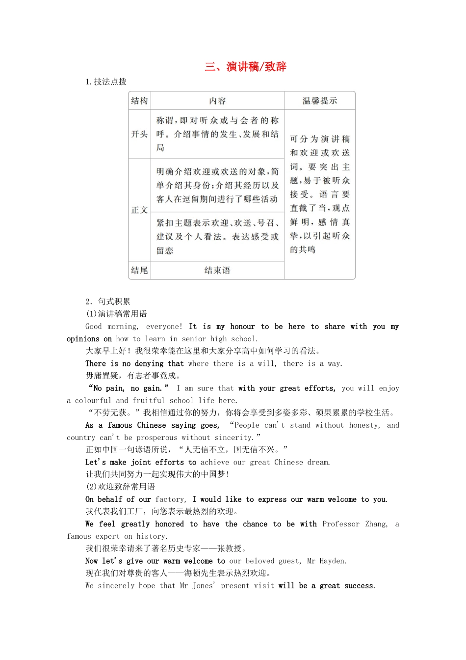 （全国统考）高考英语一轮复习 第3编 写作攻略 攻略一 三 演讲稿 致辞学案（含解析）-人教版高三全册英语学案_第1页