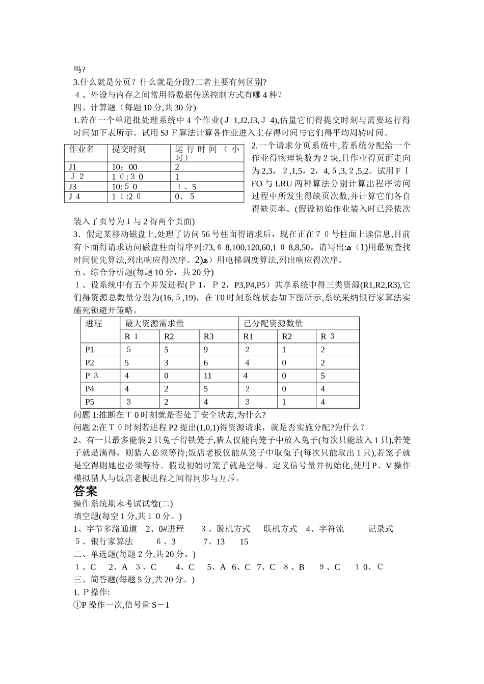 操作系统期末考试试卷_第2页