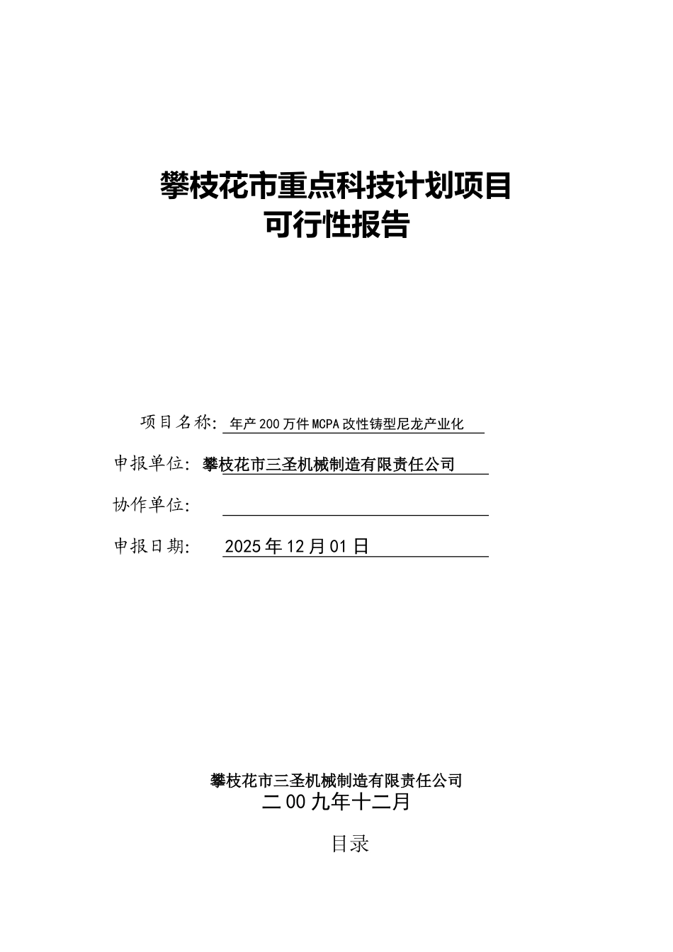 攀枝花市三圣机械制造有限责任公司年产200万件MCPA改性铸型尼龙产业化项目投资可研报告_第2页