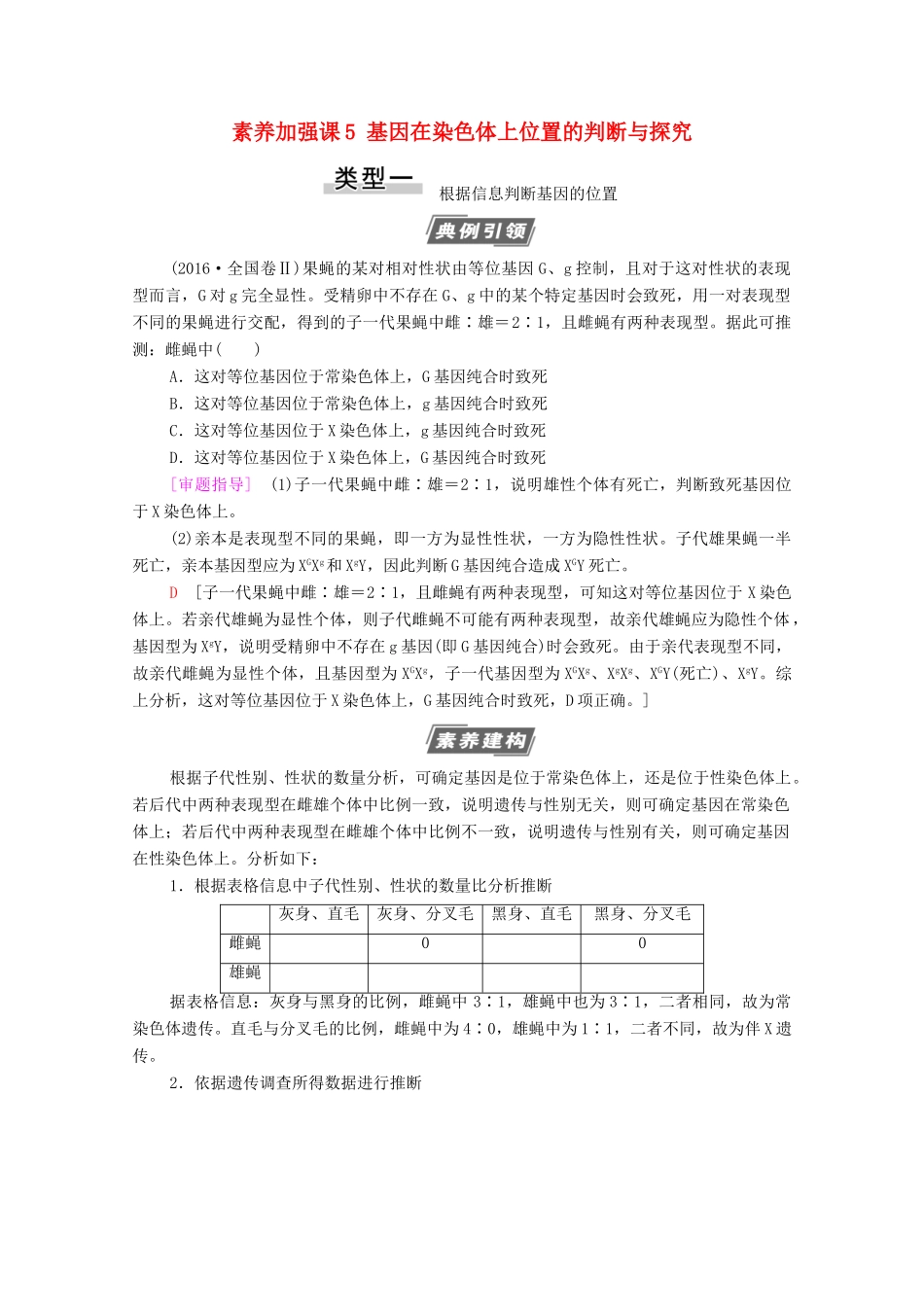 高考生物一轮复习 第5单元 遗传定律的伴性遗传 素养加强课5 基因在染色体上位置的判断与探究教学案 新人教版必修2-新人教版高三必修2生物教学案_第1页