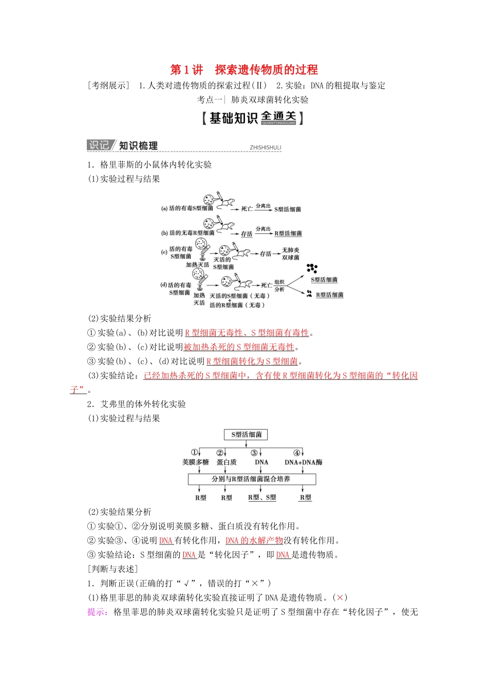 高考生物一轮复习 第6单元 第1讲 探索遗传物质的过程教学案 苏教版必修2-苏教版高三必修2生物教学案_第1页