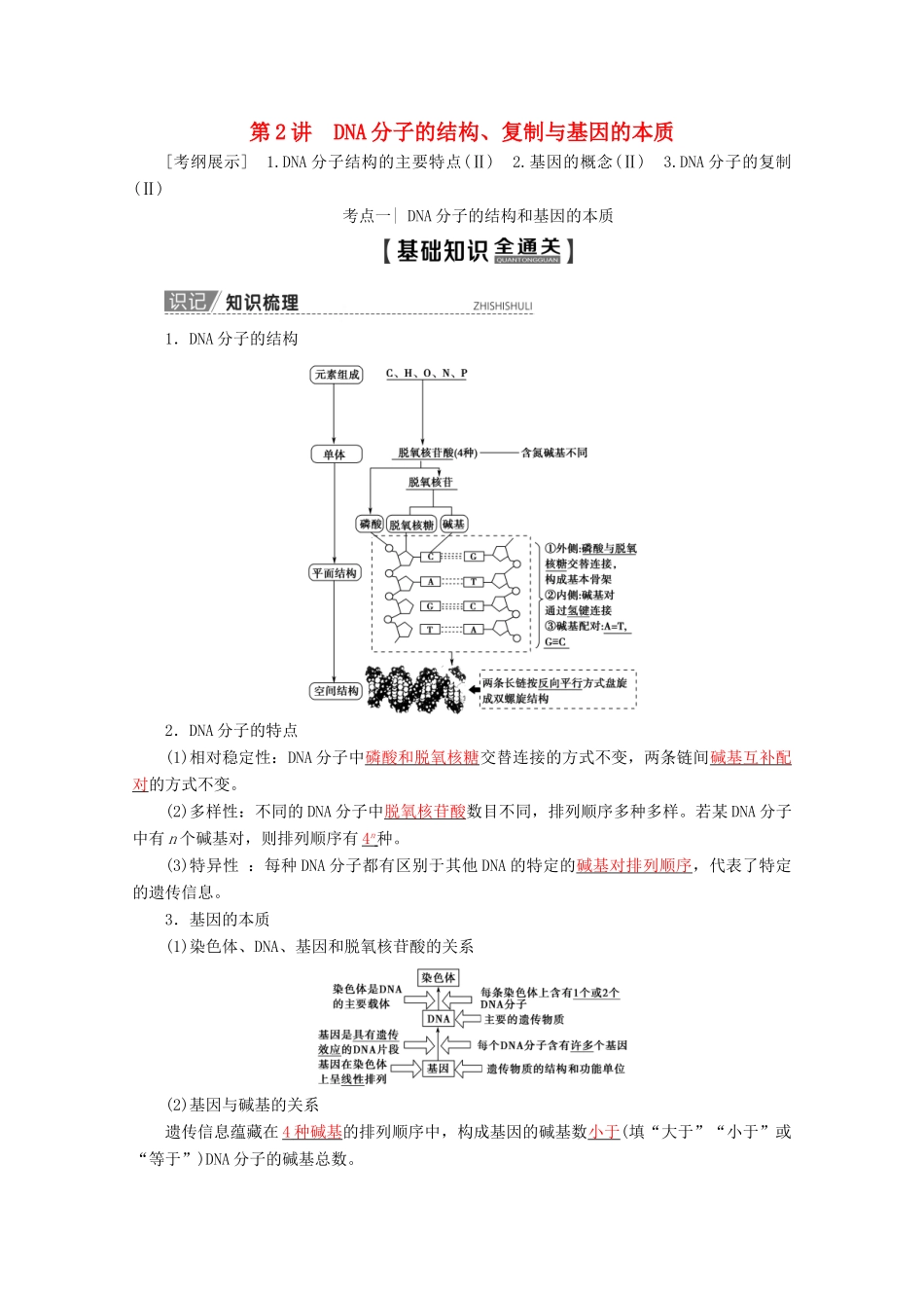高考生物一轮复习 第6单元 第2讲 DNA分子的结构、复制与基因的本质教学案 苏教版必修2-苏教版高三必修2生物教学案_第1页