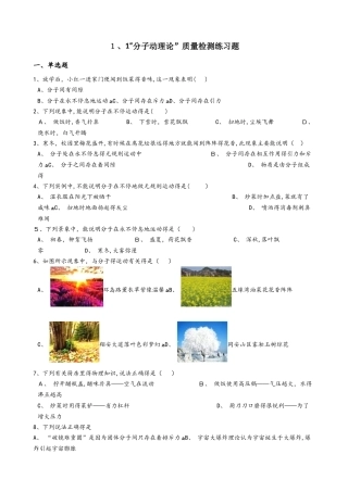 教科版九年级物理上册：1.1“分子动理论”质量检测练习题