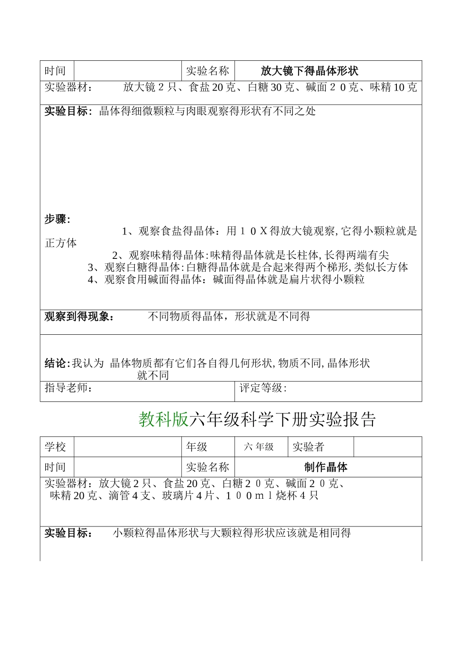 教科版六年级科学下册实验报告单_第2页